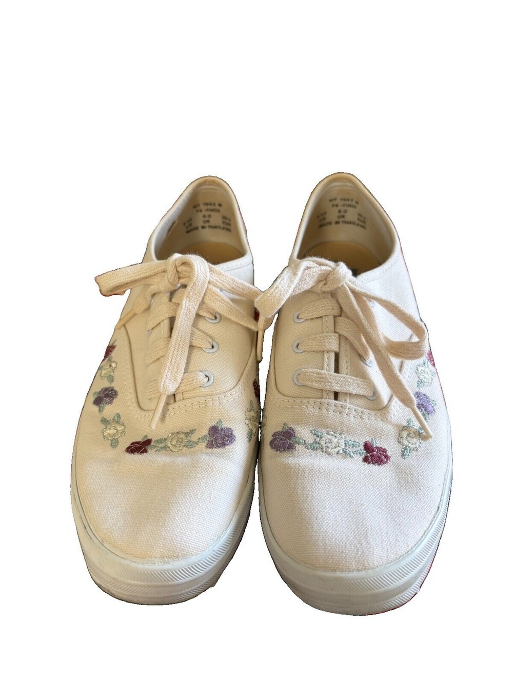Keds Women’s 8.5 Embroidered Sneakers White Canvas With Flowers Comfort Thailand